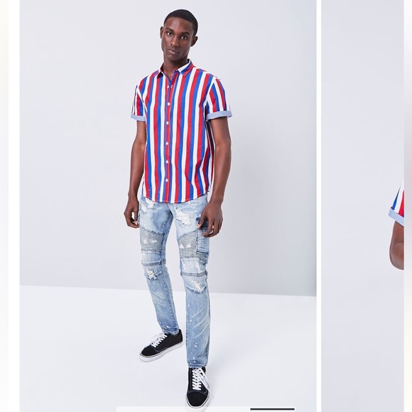 Forever 21 Blue/Red/White Striped Button Up Short Sleeve Collared Shirt - Picture 4 of 12